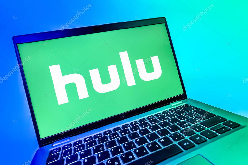 Prague, Czechia - 08 12 2025: A dynamic close-up of a laptop displaying the Hulu logo. Hulu is a streaming platform for TV shows, movies, and live TV.