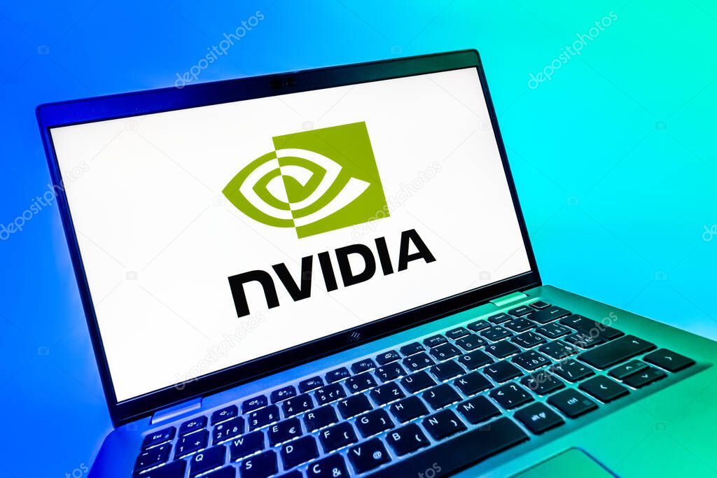 Prague, Czechia - 08 12 2025: A dynamic close-up of a laptop displaying the NVIDIA logo. NVIDIA is a technology company specializing in GPUs and AI hardware.