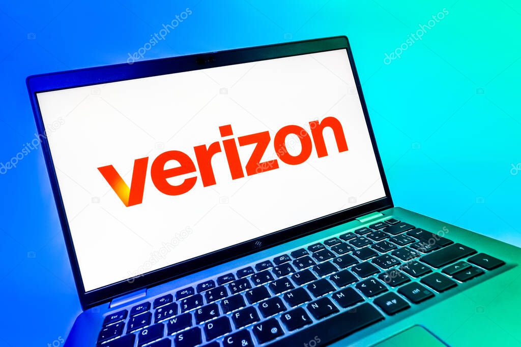 Prague, Czechia - 08 12 2025: A dynamic close-up of a laptop displaying the Verizon logo. Verizon is a telecom company providing wireless and broadband services.