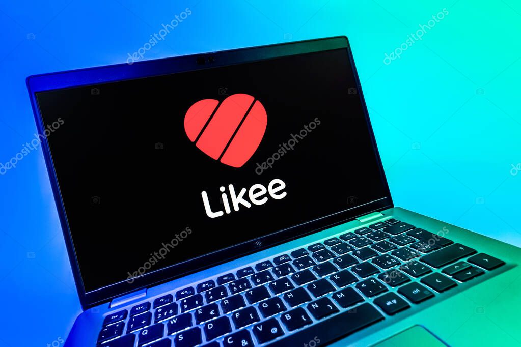 Prague, Czechia - 08 12 2025: A dynamic close-up of a laptop displaying the Likee logo. Likee is a platform for creating and sharing short videos.