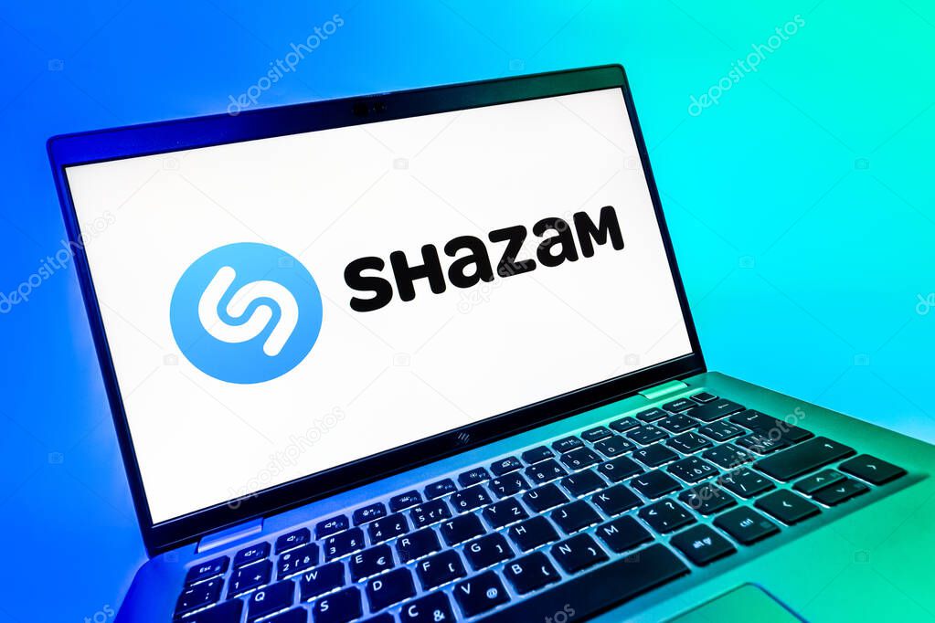 Prague, Czechia - 08 12 2025: A dynamic close-up of a laptop displaying the Shazam logo. Shazam is an app for identifying songs and music tracks.