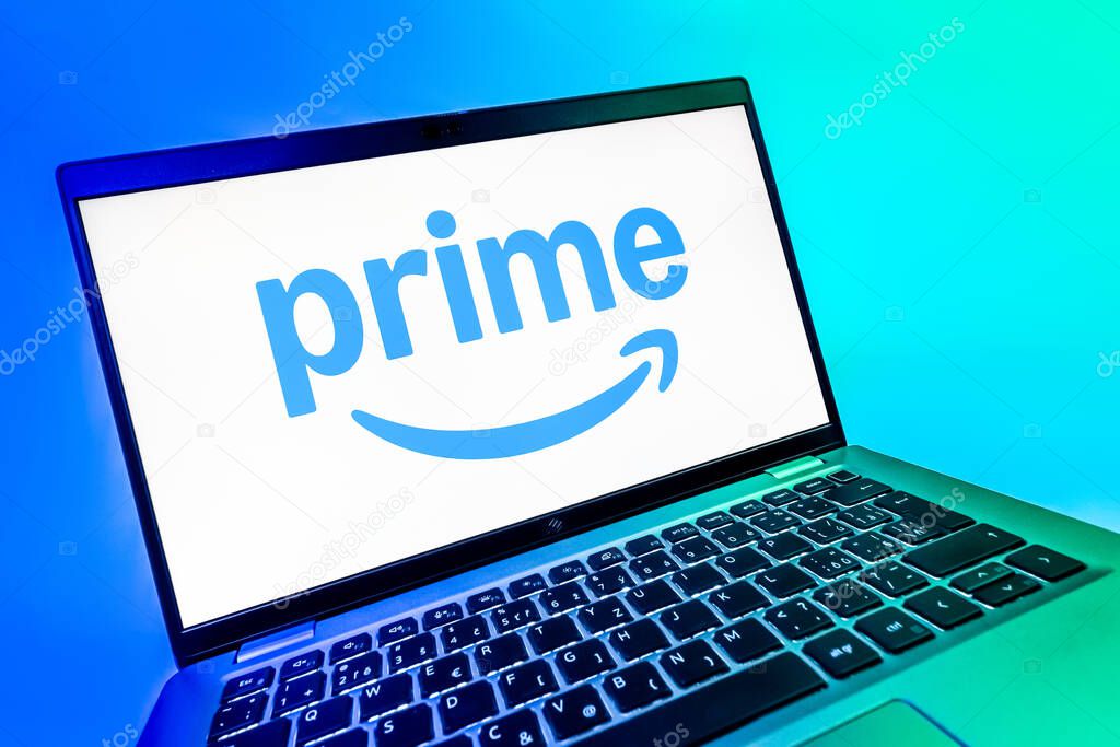 Prague, Czechia - 08 12 2025: A dynamic close-up of a laptop displaying the Prime logo. Prime is a subscription service for shopping, streaming, and benefits.