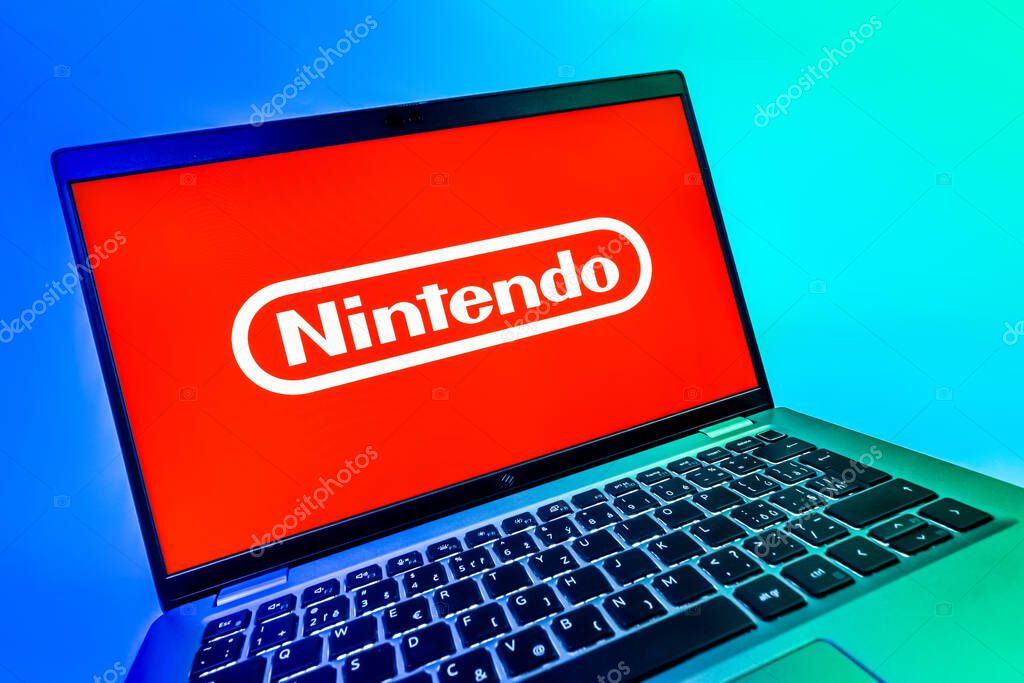 Prague, Czechia - 08 12 2025: A dynamic close-up of a laptop displaying the Nintendo logo. Nintendo is a company producing video game consoles and games.