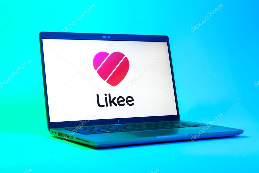 Prague, Czechia - 05 18 2025: A low-angle view of a laptop displaying Likee logo. Likee is a platform for creating and sharing short videos.