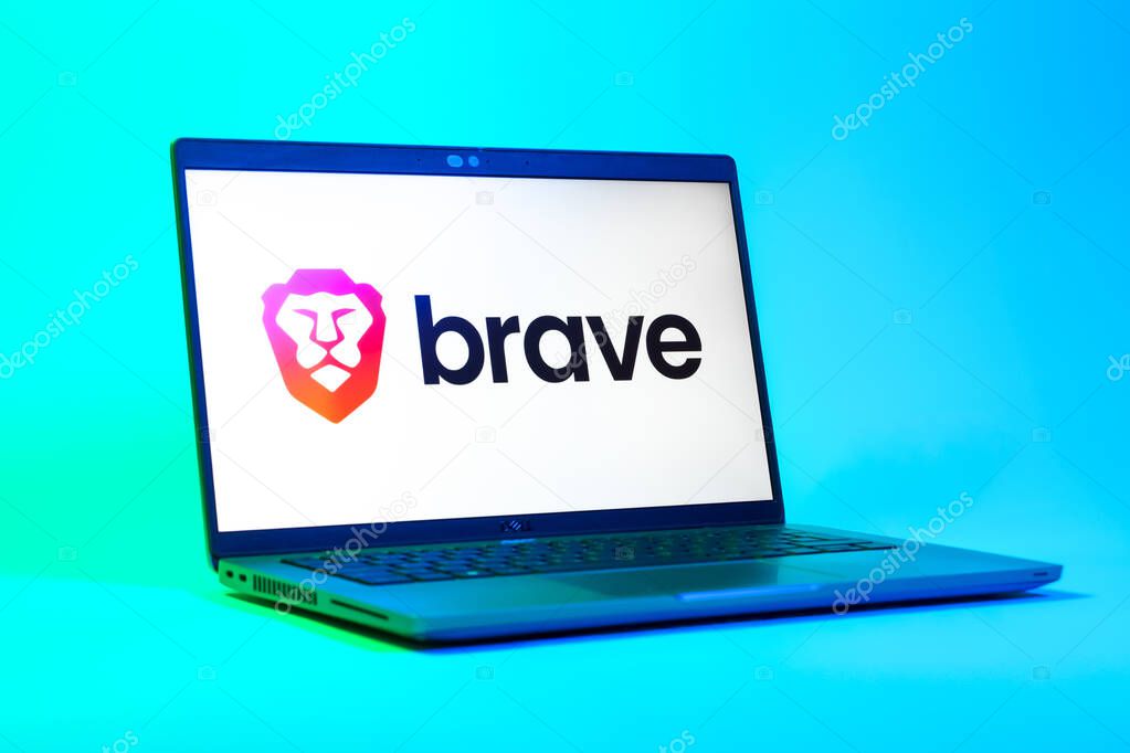 Prague, Czechia - 05 18 2025: A low-angle view of a laptop displaying Brave logo. Brave is a web browser focused on privacy and speed.
