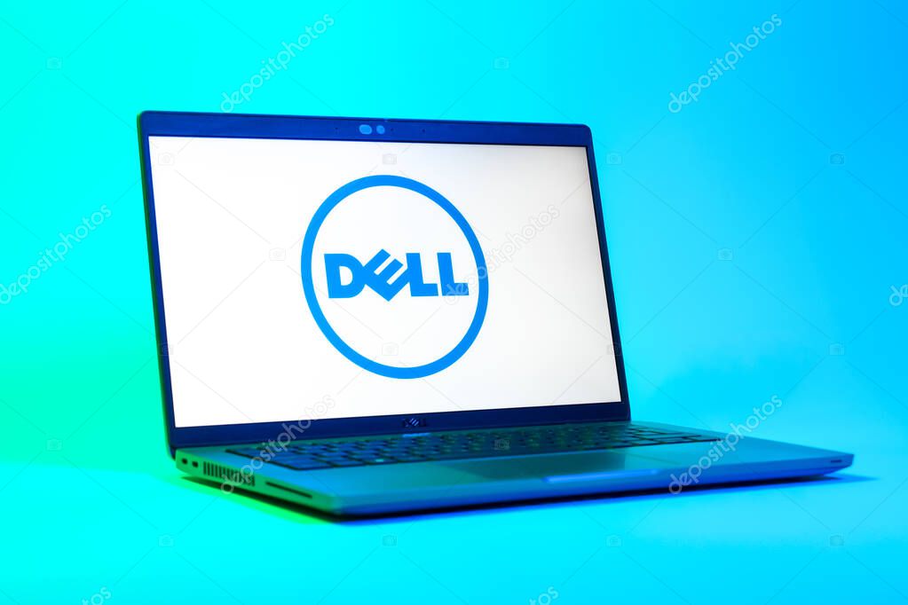 Prague, Czechia - 05 18 2025: A low-angle view of a laptop displaying Dell logo. Dell is a technology company producing computers and IT solutions.