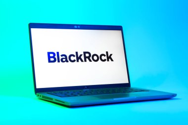 Prag, Çek Cumhuriyeti - 05: 18 2025: BlackRock logosunu gösteren bir dizüstü bilgisayarın düşük açılı görüntüsü. BlackRock küresel bir yatırım yönetim şirketidir..