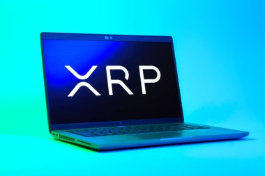 Prag, Çek Cumhuriyeti - 05: 18 2025: Ripple logosunu gösteren bir dizüstü bilgisayarın düşük açılı görüntüsü. Dalgalanma dijital kripto para birimi ve ödeme protokolüdür..