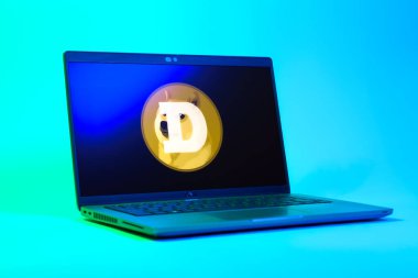 Prag, Çek Cumhuriyeti - 05: 18 2025: Dogecoin logosunu gösteren bir dizüstü bilgisayarın düşük açılı görüntüsü. Dogecoin, paylaşımcı işlemler için kullanılan bir şifreli para birimidir.