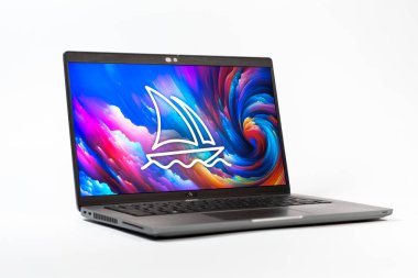 Prag, Çek Cumhuriyeti - 05: 18 2025: Midtrip logosunu gösteren bir dizüstü bilgisayarın düşük açılı görüntüsü. Midtrip yapay zeka ürünü resimler ve sanat için bir platformdur..