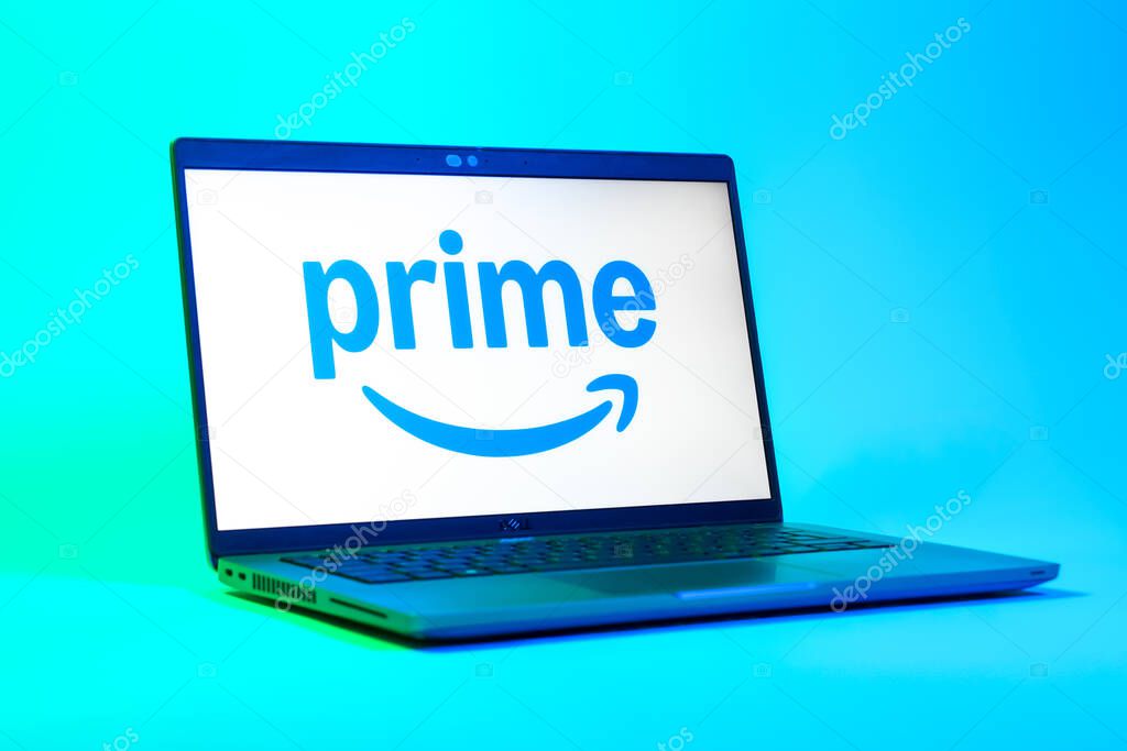 Prague, Czechia - 05 18 2025: A low-angle view of a laptop displaying Prime logo. Prime is a subscription service for shopping, streaming, and benefits.