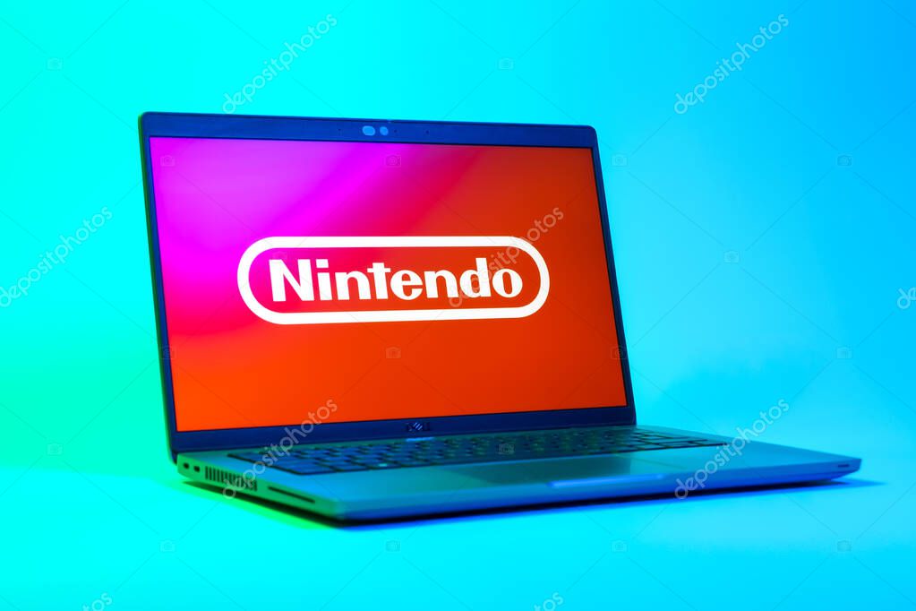 Prague, Czechia - 05 18 2025: A low-angle view of a laptop displaying Nintendo logo. Nintendo is a company producing video game consoles and games.