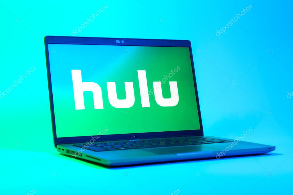 Prague, Czechia - 05 18 2025: A low-angle view of a laptop displaying Hulu logo. Hulu is a streaming platform for TV shows, movies, and live TV.