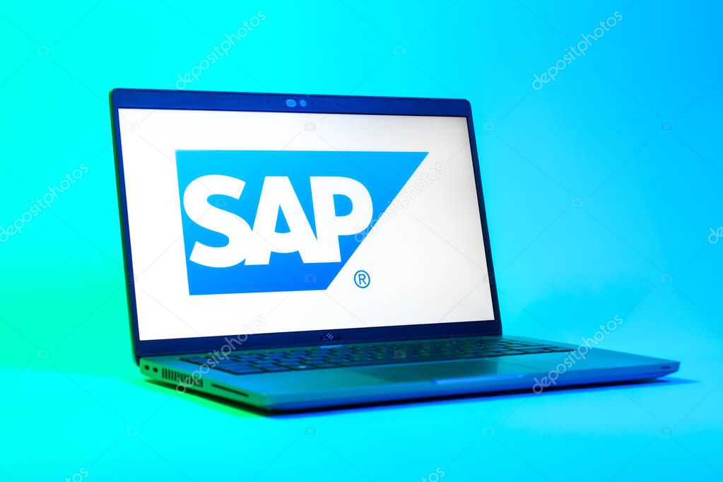 Prague, Czechia - 05 18 2025: A low-angle view of a laptop displaying SAP logo. SAP is a software company providing enterprise applications and solutions.