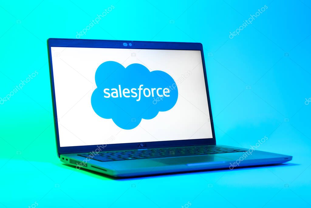 Prague, Czechia - 05 18 2025: A low-angle view of a laptop displaying Salesforce logo. Salesforce is a platform for customer relationship management and cloud services.