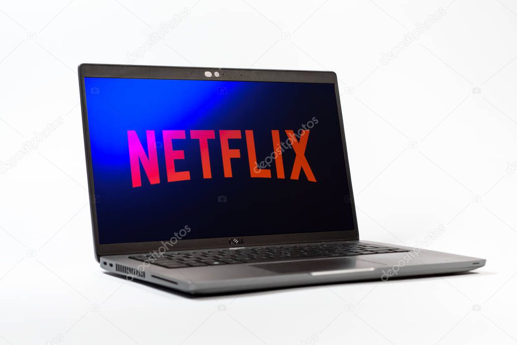 Prague, Czechia - 05 18 2025: A low-angle view of a laptop displaying Netflix logo. Netflix is a streaming platform for movies and TV shows.