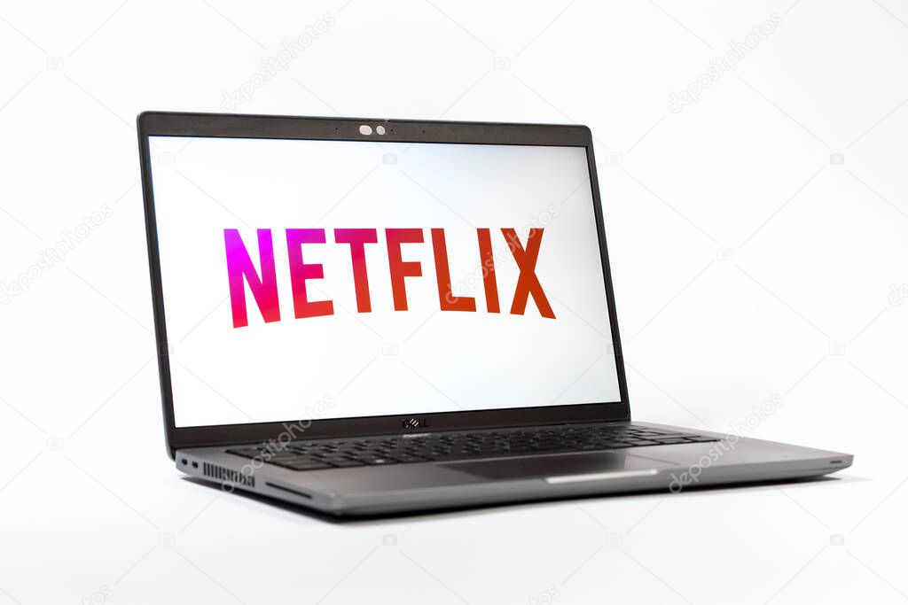 Prague, Czechia - 05 18 2025: A low-angle view of a laptop displaying Netflix logo. Netflix is a streaming platform for movies and TV shows.