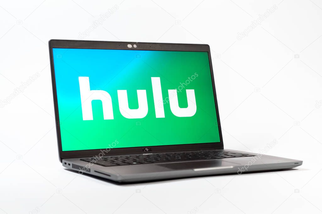 Prague, Czechia - 05 18 2025: A low-angle view of a laptop displaying Hulu logo. Hulu is a streaming platform for TV shows, movies, and live TV.