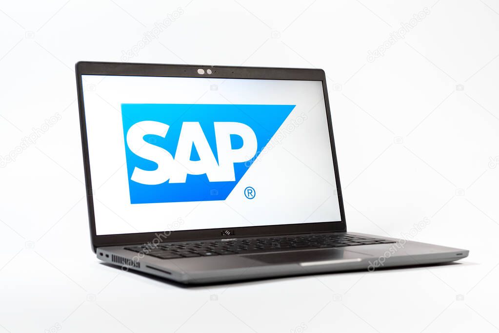 Prague, Czechia - 05 18 2025: A low-angle view of a laptop displaying SAP logo. SAP is a software company providing enterprise applications and solutions.