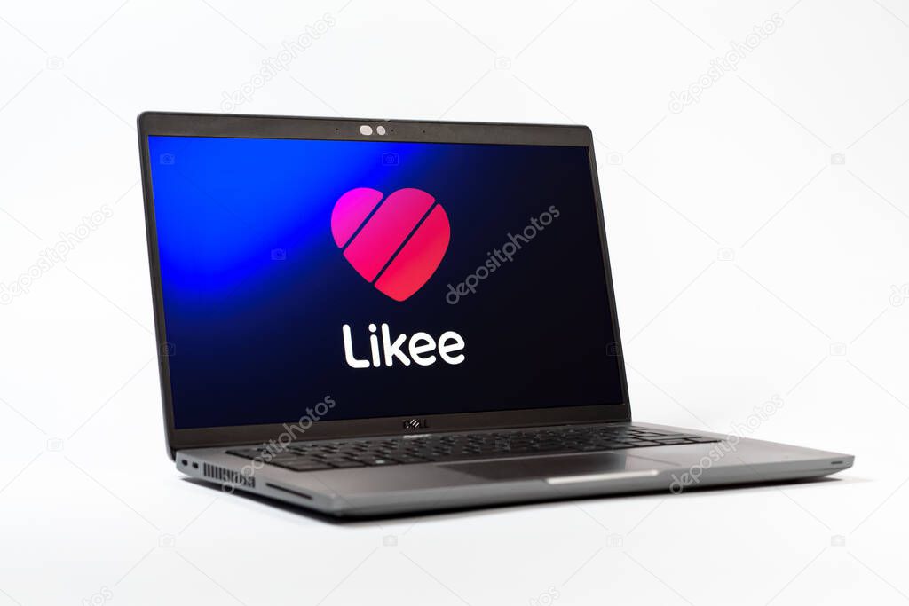 Prague, Czechia - 05 18 2025: A low-angle view of a laptop displaying Likee logo. Likee is a platform for creating and sharing short videos.
