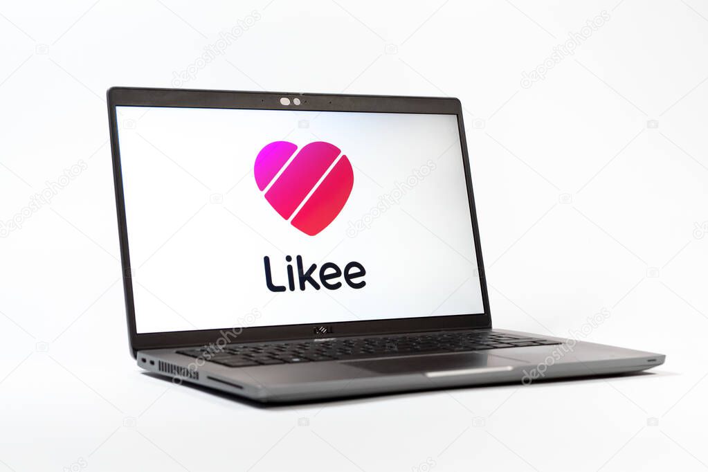 Prague, Czechia - 05 18 2025: A low-angle view of a laptop displaying Likee logo. Likee is a platform for creating and sharing short videos.