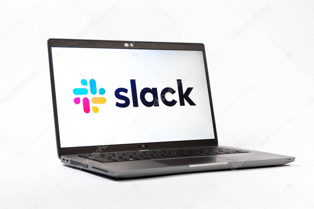 Prague, Czechia - 05 18 2025: A low-angle view of a laptop displaying Slack logo. Slack is a platform for team messaging and workplace communication.