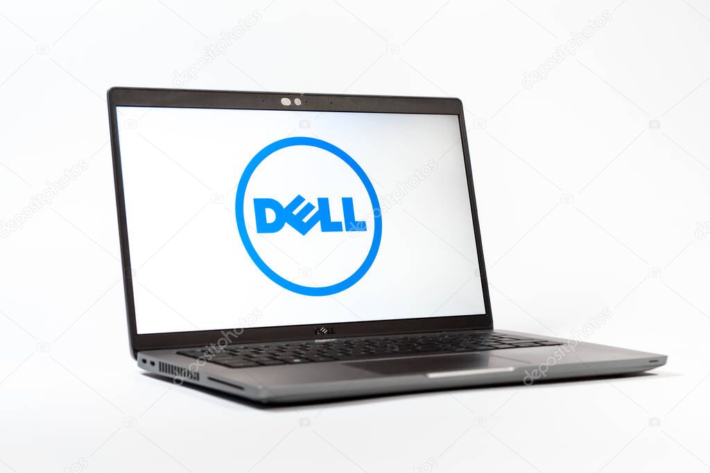Prague, Czechia - 05 18 2025: A low-angle view of a laptop displaying Dell logo. Dell is a technology company producing computers and IT solutions.