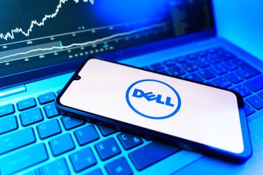 Prag, Çek Cumhuriyeti - 09 02 2025: Dell 'in logosunu gösteren dizüstü bilgisayarlı telefon. Dell bilgisayar ve bilişim çözümleri üreten bir teknoloji şirketidir..