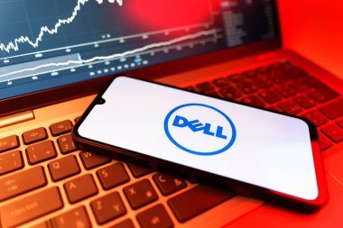 Prag, Çek Cumhuriyeti - 09 02 2025: Dell 'in logosunu gösteren dizüstü bilgisayarlı telefon. Dell bilgisayar ve bilişim çözümleri üreten bir teknoloji şirketidir..