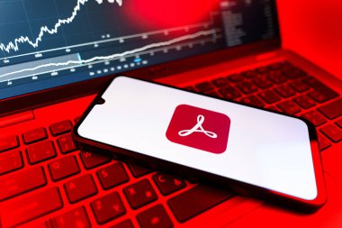 Prag, Çek Cumhuriyeti - 09 02 2025: Telefondan Acrobat Reader logosu görünüyor. Acrobat Reader, PDF belgelerini görüntülemek ve yönetmek için bir platformdur.