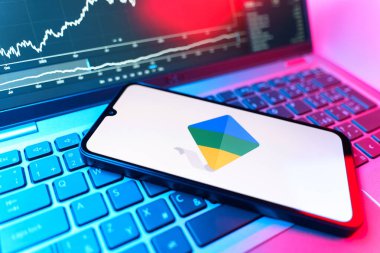 Prag, Çek Cumhuriyeti - 09 02 2025: Google Family Link logosunu gösteren dizüstü bilgisayarlı telefon. Google Family Link ebeveyn denetimi ve çocuk hesabı yönetimi için bir platformdur.