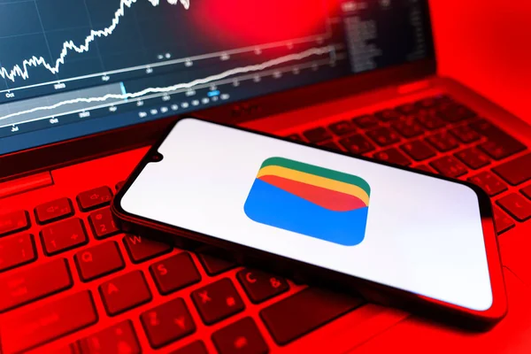 Prag, Çek Cumhuriyeti - 09 02 2025: Google Cüzdan logosunu gösteren dizüstü bilgisayarlı telefon. Google Cüzdanı dijital ödeme yöntemlerini depolamak ve kullanmak için bir platformdur.