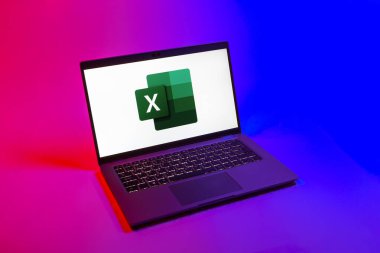 Prag, Çek Cumhuriyeti - 08 12 2025: Excel logosunu gösteren bir dizüstü bilgisayarın tepeden aşağı görüntüsü. Excel, tablo, veri analizi ve hesaplamalar için bir yazılımdır..