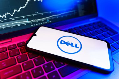 Prag, Çek Cumhuriyeti - 09 02 2025: Dell 'in logosunu gösteren dizüstü bilgisayarlı telefon. Dell bilgisayar ve bilişim çözümleri üreten bir teknoloji şirketidir..