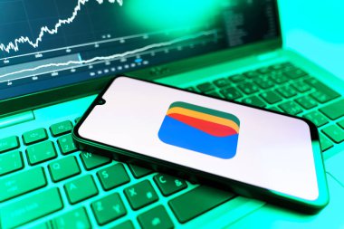 Prag, Çek Cumhuriyeti - 09 02 2025: Google Cüzdan logosunu gösteren dizüstü bilgisayarlı telefon. Google Cüzdanı dijital ödeme yöntemlerini depolamak ve kullanmak için bir platformdur.