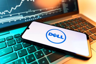 Prag, Çek Cumhuriyeti - 09 02 2025: Dell 'in logosunu gösteren dizüstü bilgisayarlı telefon. Dell bilgisayar ve bilişim çözümleri üreten bir teknoloji şirketidir..