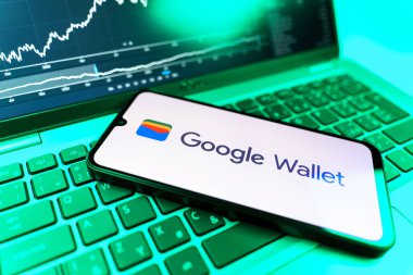 Prag, Çek Cumhuriyeti - 09 02 2025: Google Cüzdan logosunu gösteren dizüstü bilgisayarlı telefon. Google Cüzdanı dijital ödeme yöntemlerini depolamak ve kullanmak için bir platformdur.