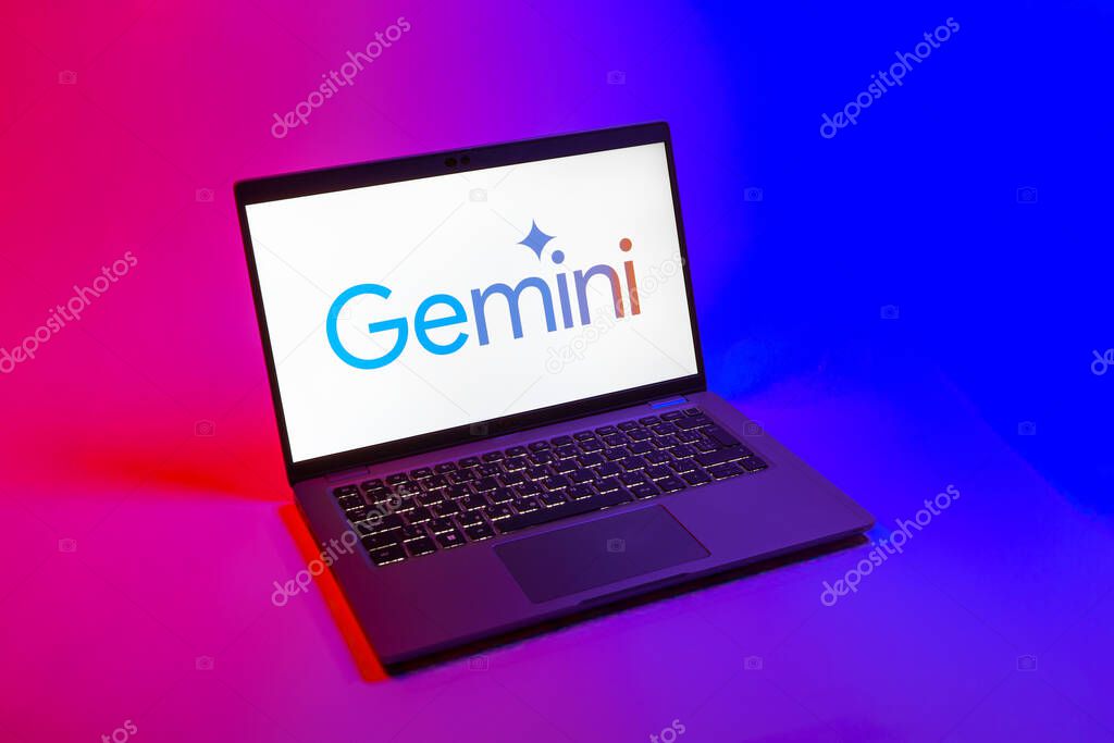Prague, Czechia - 08 12 2025: A top-down view of a laptop on a uniform background displaying the Gemini logo. Gemini is a platform for cryptocurrency trading and management.