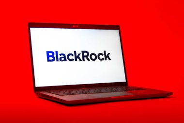 Prag, Çek Cumhuriyeti - 05: 18 2025: BlackRock logosunu gösteren bir dizüstü bilgisayarın düşük açılı görüntüsü. BlackRock küresel bir yatırım yönetim şirketidir..
