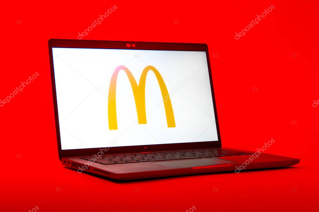Prague, Czechia - 05 18 2025: A low-angle view of a laptop displaying McDonalds logo. McDonalds is a fast-food chain serving burgers, fries, and more.