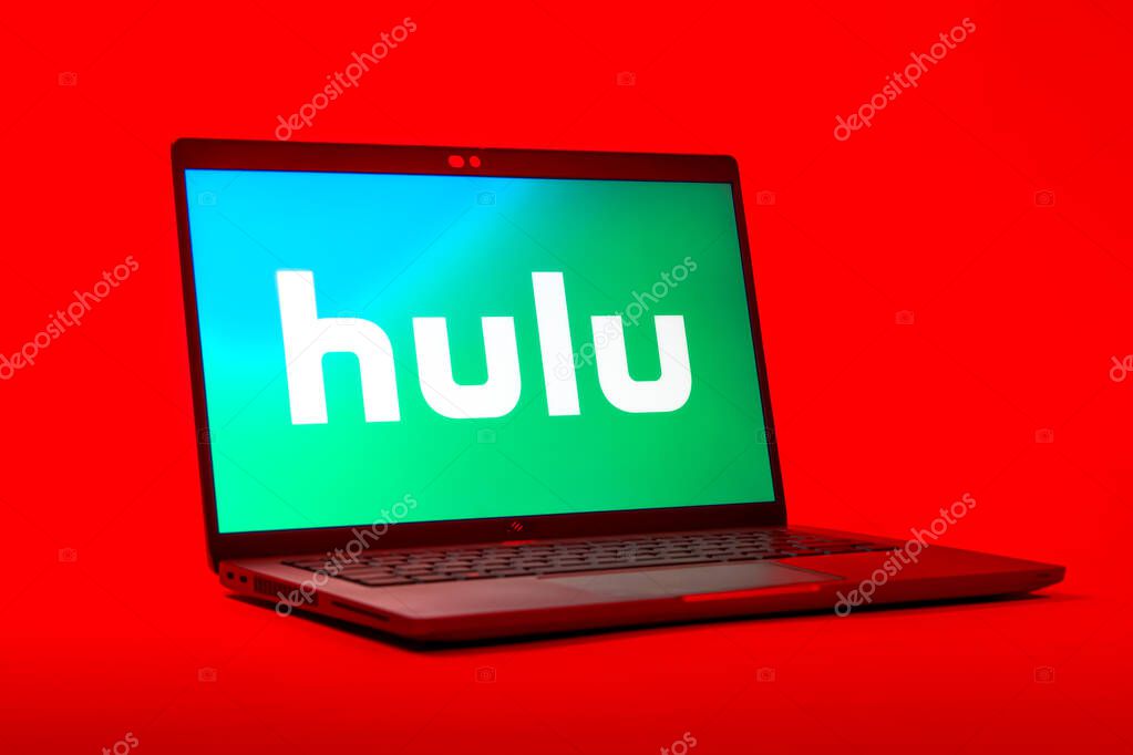 Prague, Czechia - 05 18 2025: A low-angle view of a laptop displaying Hulu logo. Hulu is a streaming platform for TV shows, movies, and live TV.