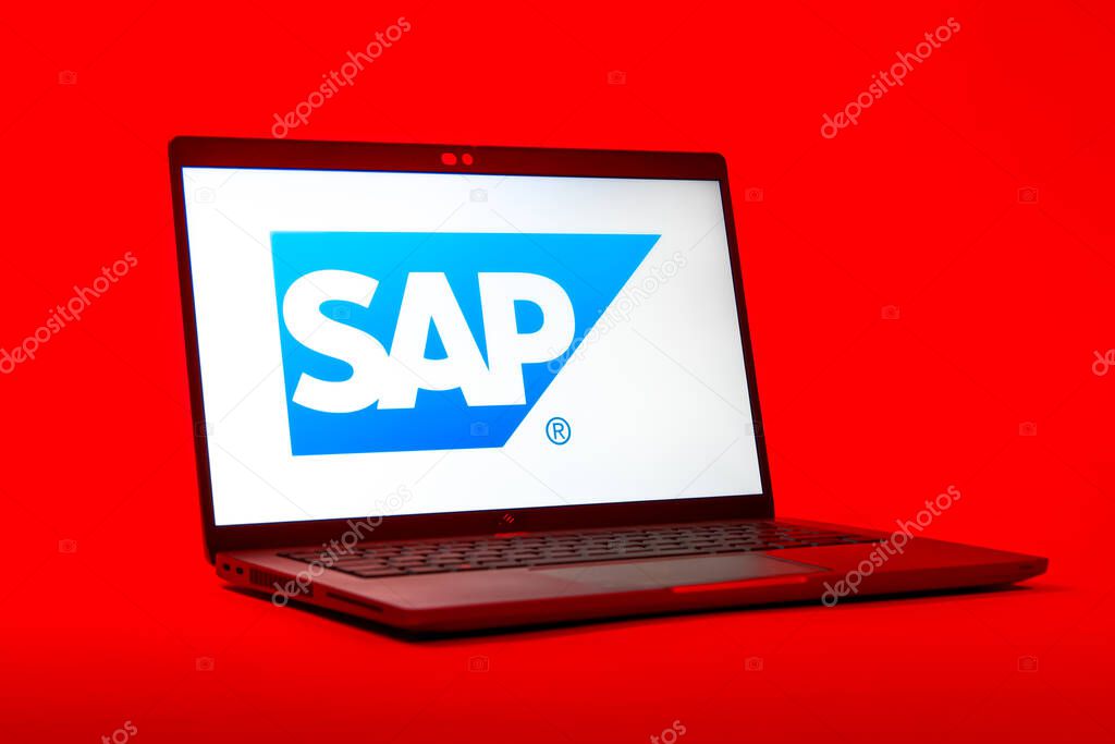 Prague, Czechia - 05 18 2025: A low-angle view of a laptop displaying SAP logo. SAP is a software company providing enterprise applications and solutions.