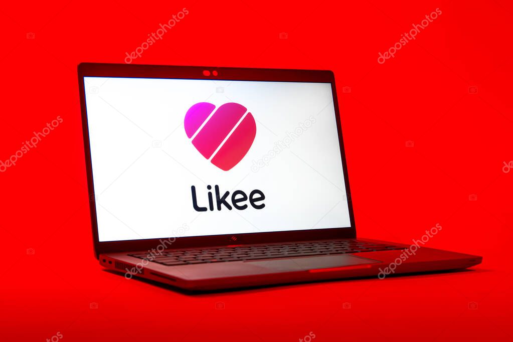 Prague, Czechia - 05 18 2025: A low-angle view of a laptop displaying Likee logo. Likee is a platform for creating and sharing short videos.