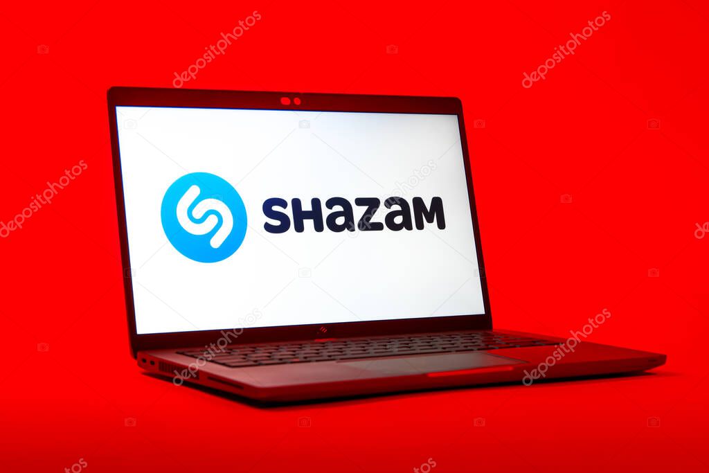 Prague, Czechia - 05 18 2025: A low-angle view of a laptop displaying Shazam logo. Shazam is an app for identifying songs and music tracks.