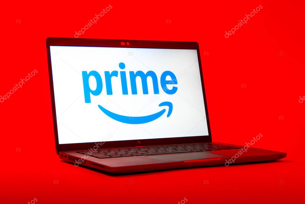 Prague, Czechia - 05 18 2025: A low-angle view of a laptop displaying Prime logo. Prime is a subscription service for shopping, streaming, and benefits.