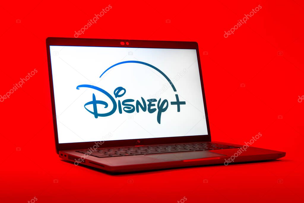 Prague, Czechia - 05 18 2025: A low-angle view of a laptop displaying Disney+ logo. Disney + is a streaming platform for movies and TV shows.