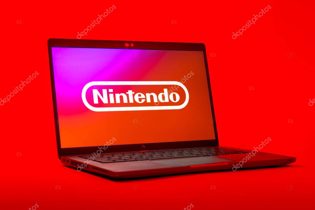 Prague, Czechia - 05 18 2025: A low-angle view of a laptop displaying Nintendo logo. Nintendo is a company producing video game consoles and games.
