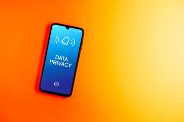 Sade arkaplandaki telefon Veri Gizliliği metnini gösteriyor. Veri Mahremiyeti kişisel ve hassas bilgilerin korunmasıdır.