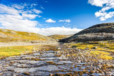 Norveç 'teki Hardangervidda Dağı' nın güzel manzarası. Kayalık arazisi, dağlık gölleri ve karla kaplı zirveleri olan Kuzey yabanı. Popüler yürüyüş ve açık hava macera merkezi.