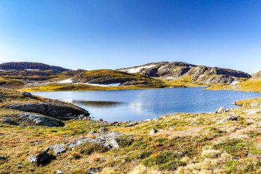 Norveç 'teki Hardangervidda Dağı' nın güzel manzarası. Kayalık arazisi, dağlık gölleri ve karla kaplı zirveleri olan Kuzey yabanı. Popüler yürüyüş ve açık hava macera merkezi.